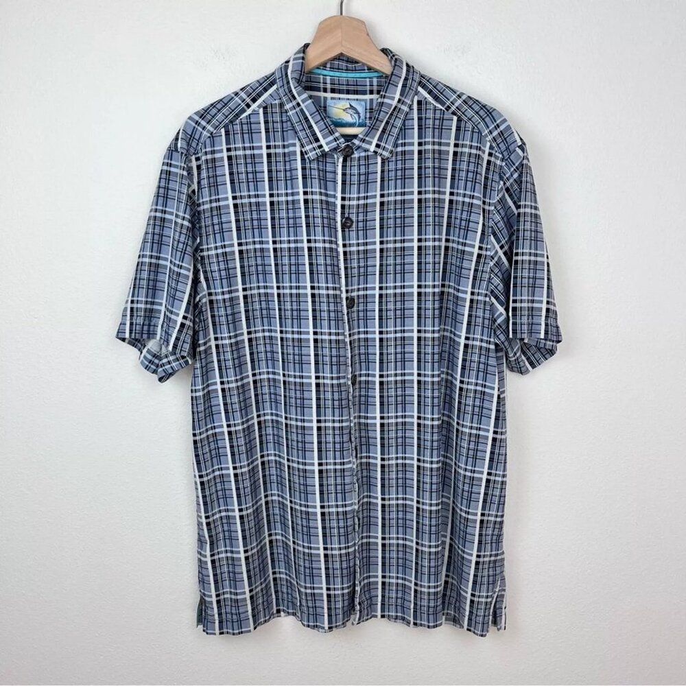 Tommy Bahama Shirt Mens Large Island Modern Fit Plaid Silk Cotton Tropical Beach